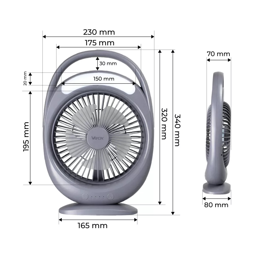 Oplaadbare tafelventilator met LED-verlichting LED/2,8W/5V USB 2400 mAh grijs