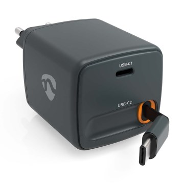 Oplader met intrekbare kabel, 65W Power Delivery, 2x USB-C, zwart