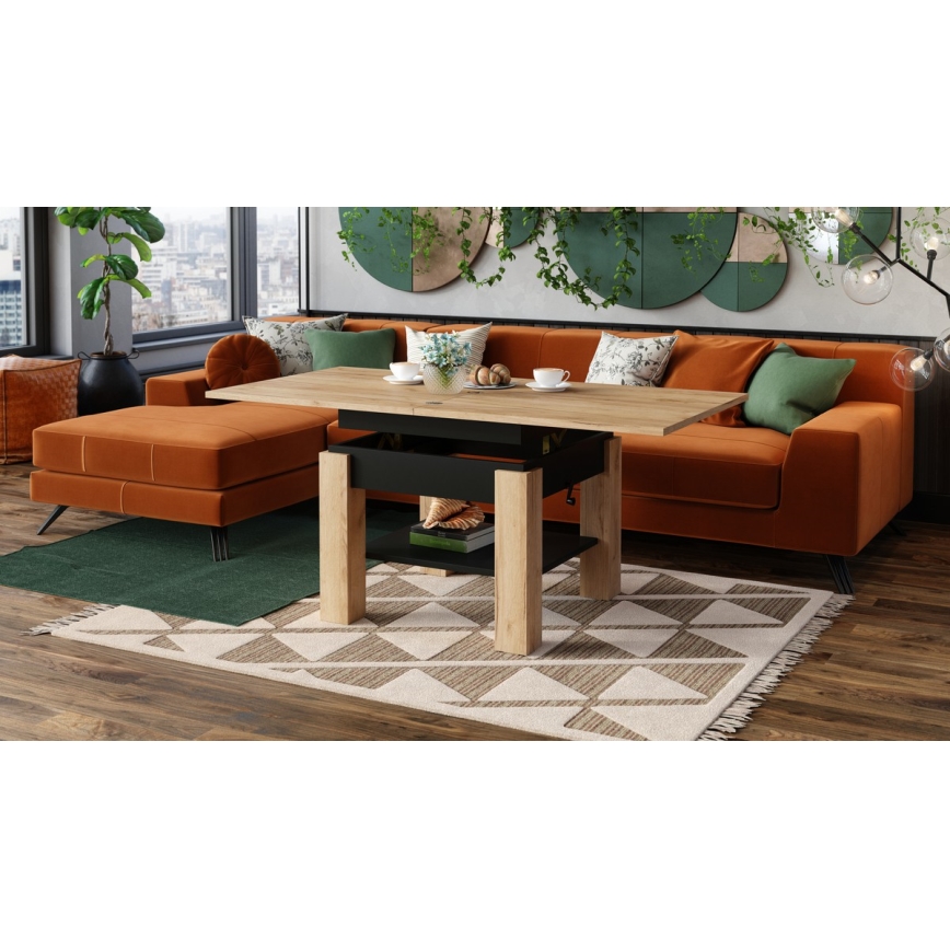 Opvouwbare salontafel met hefdak met plank CALEB eiken/zwart
