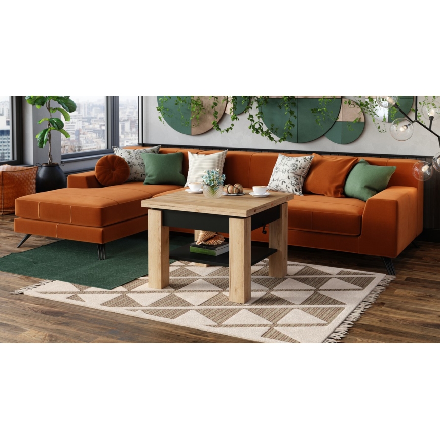 Opvouwbare salontafel met hefdak met plank CALEB eiken/zwart