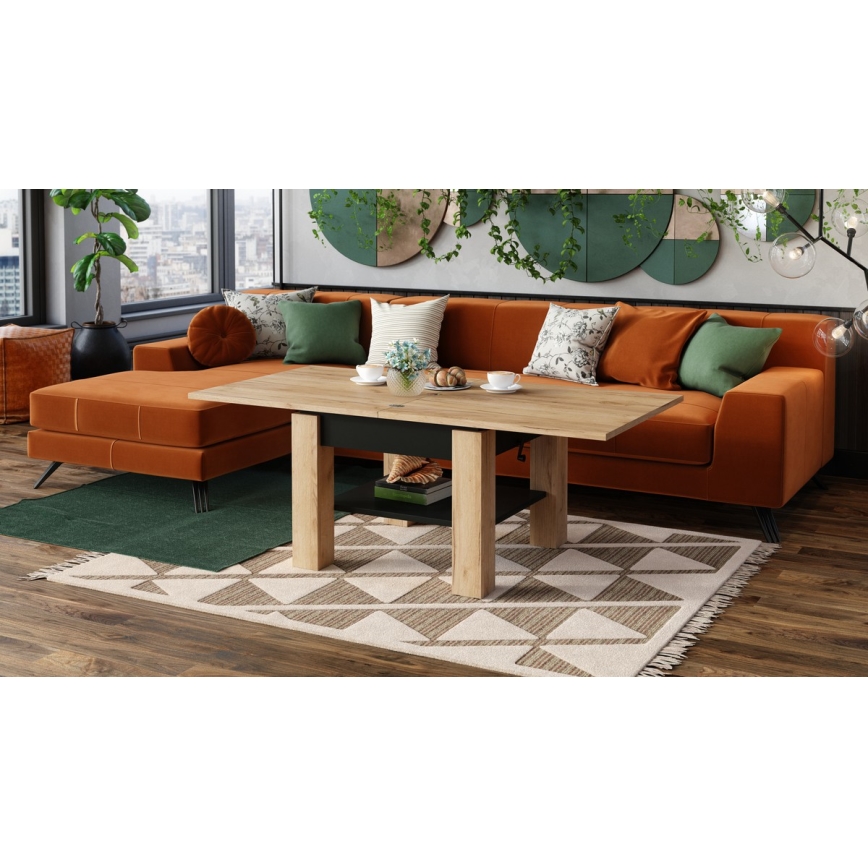 Opvouwbare salontafel met hefdak met plank CALEB eiken/zwart