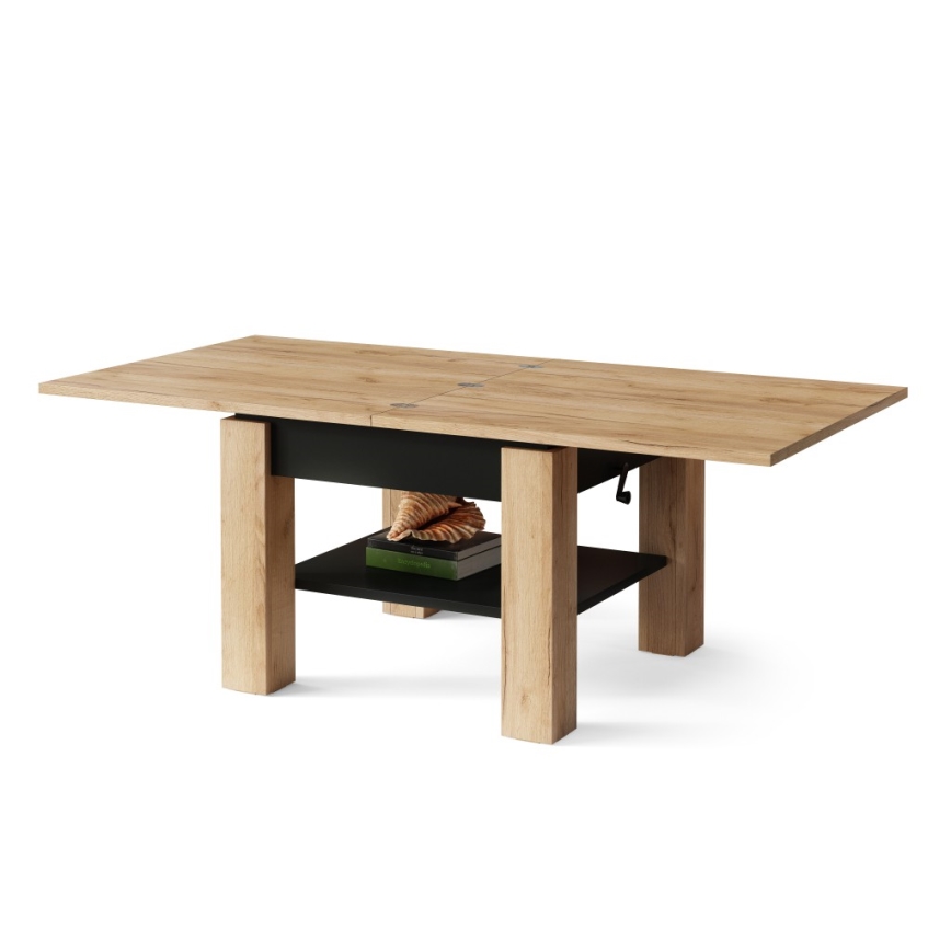 Opvouwbare salontafel met hefdak met plank CALEB eiken/zwart