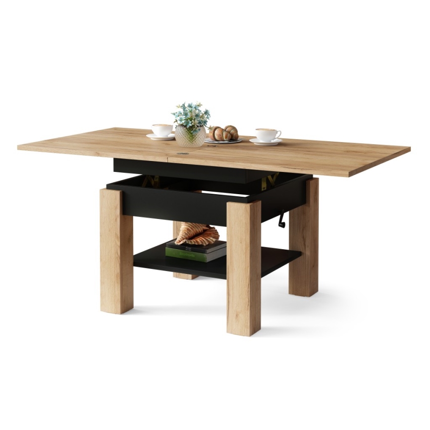 Opvouwbare salontafel met hefdak met plank CALEB eiken/zwart