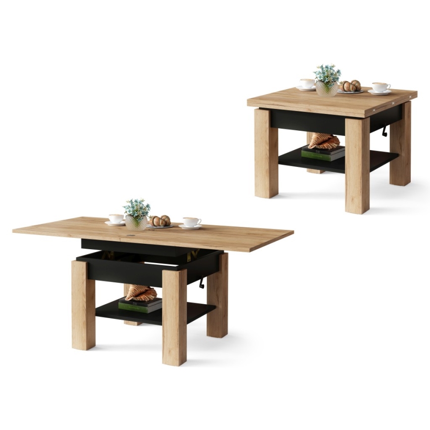 Opvouwbare salontafel met hefdak met plank CALEB eiken/zwart