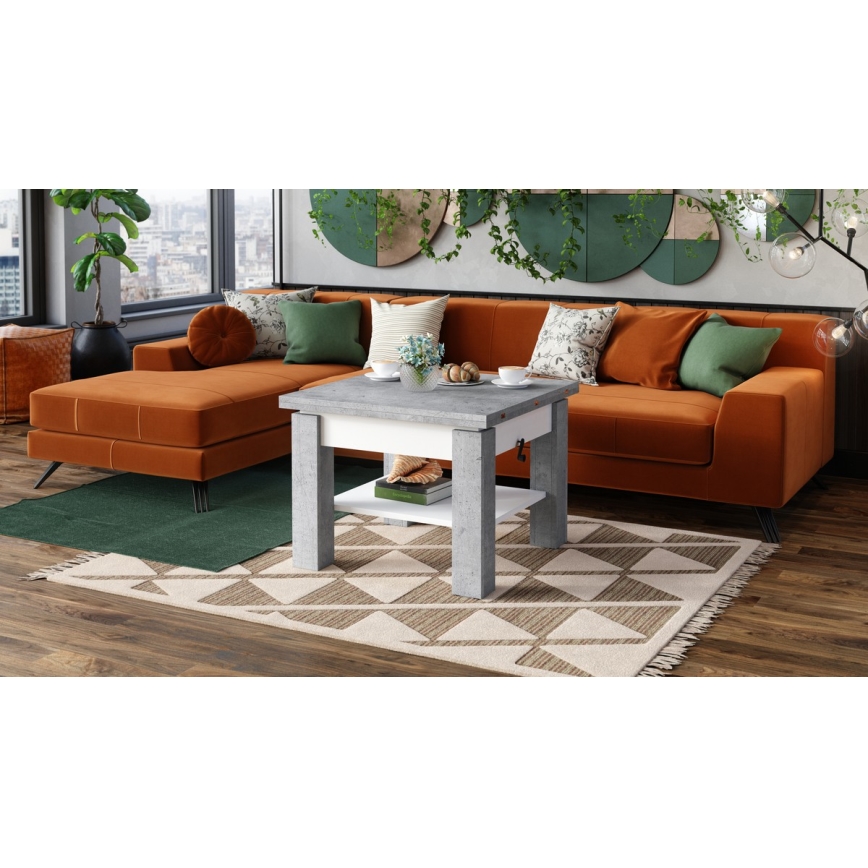 Opvouwbare salontafel met hefdak met plank CALEB grijs/wit