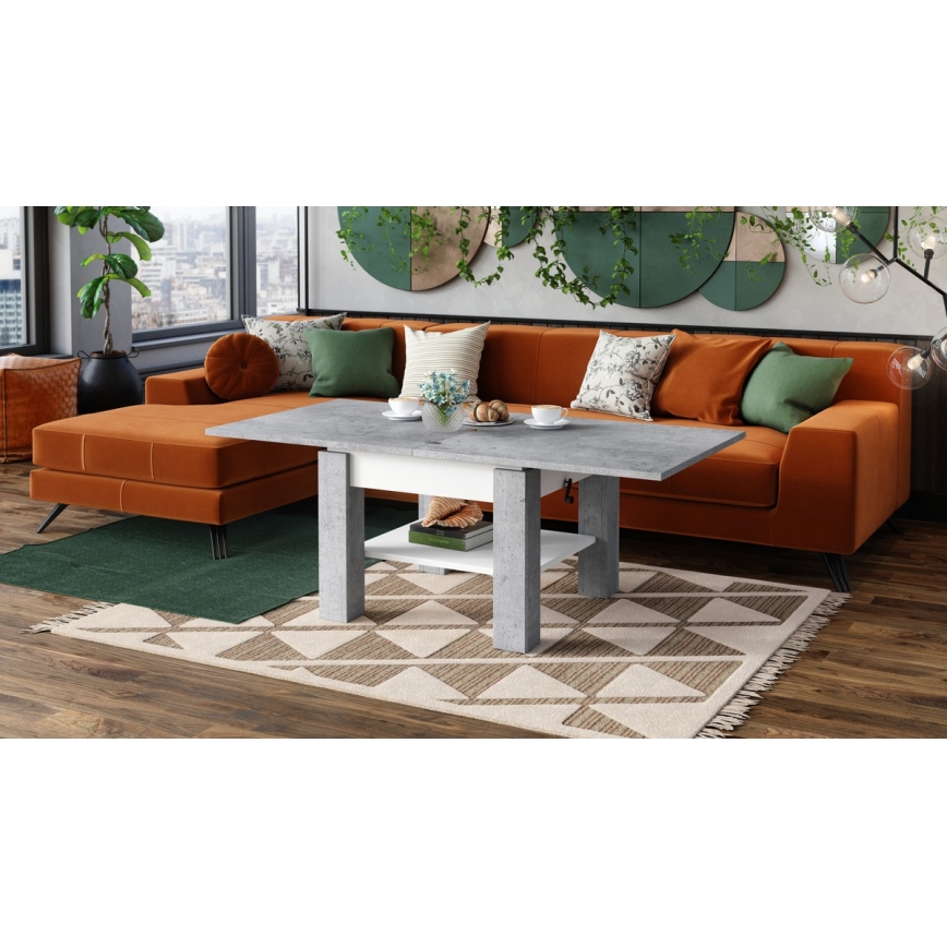 Opvouwbare salontafel met hefdak met plank CALEB grijs/wit