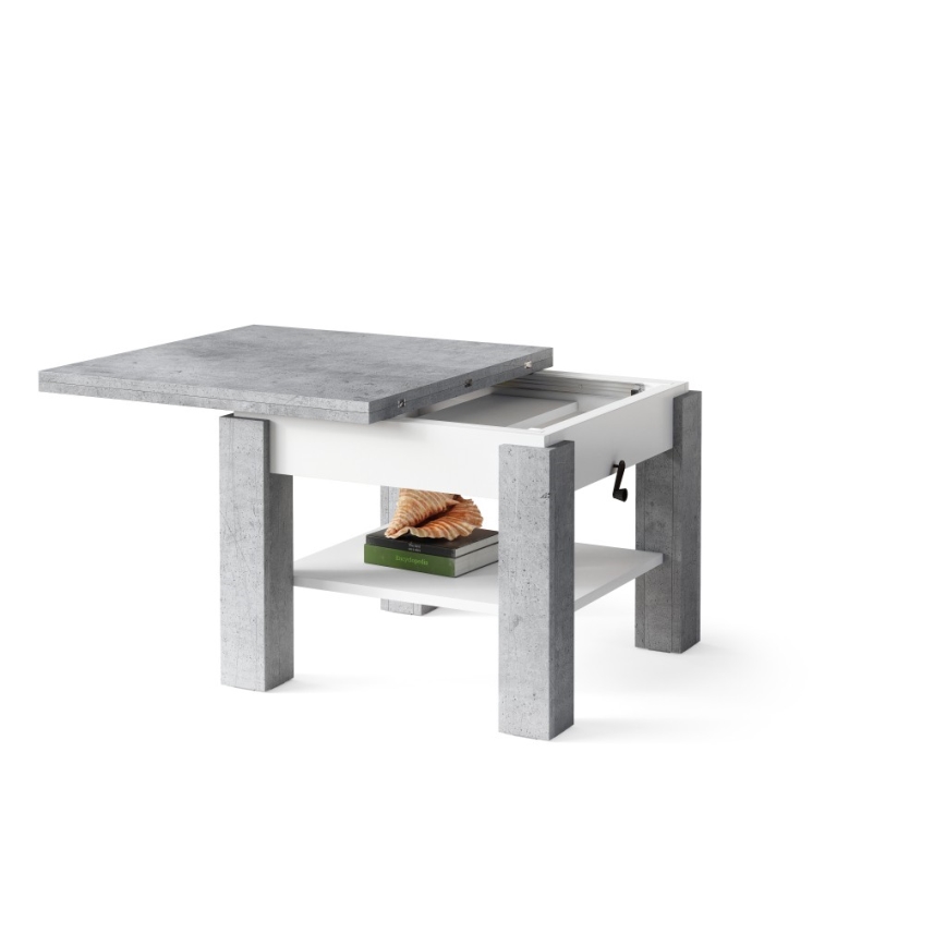 Opvouwbare salontafel met hefdak met plank CALEB grijs/wit
