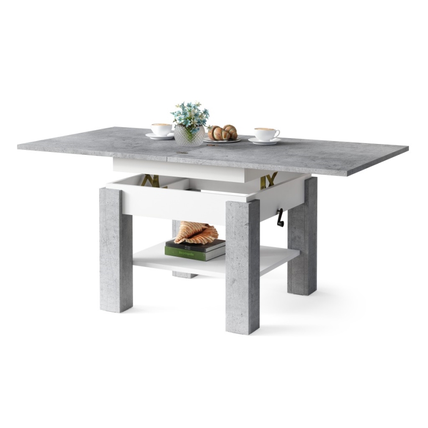 Opvouwbare salontafel met hefdak met plank CALEB grijs/wit