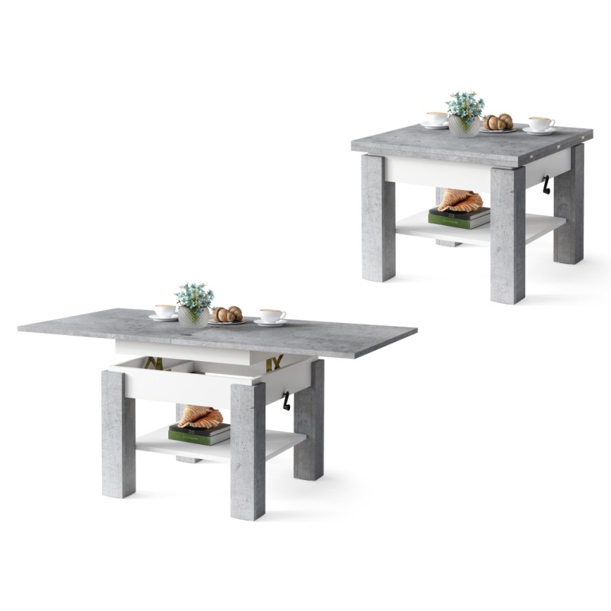 Opvouwbare salontafel met hefdak met plank CALEB grijs/wit