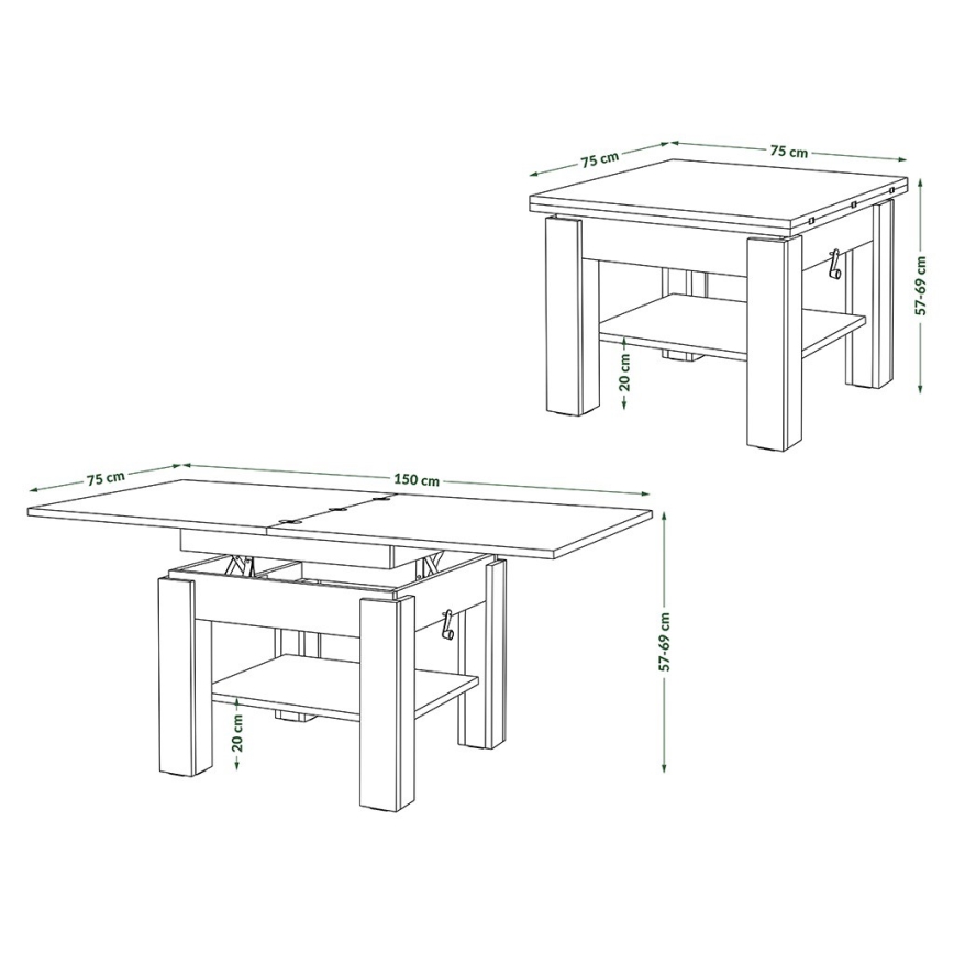 Opvouwbare salontafel met hefdak met plank CALEB grijs/wit