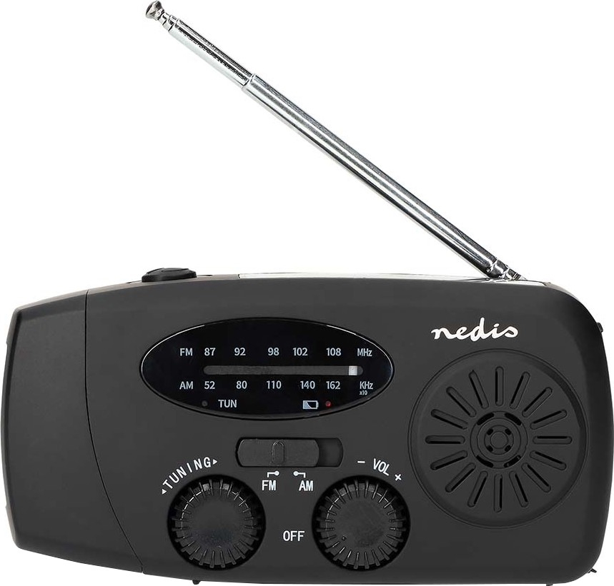 Opwindbare AM/FM-radio met zonnepaneel en LED-zaklamp, 2000 mAh oplaadbare accu