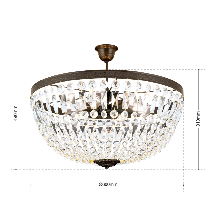Kristallen hanglamp met vaste pendel ARILA 6xE27/60W/230V diameter 60 cm bruin/patina