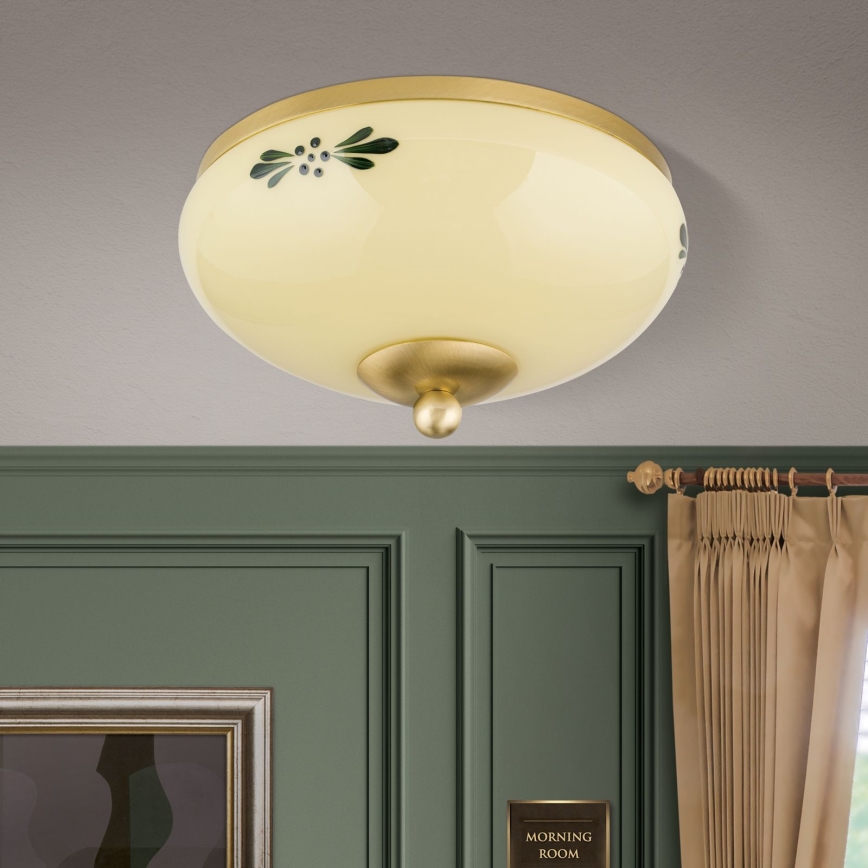 Plafondlamp LANDHAUS 1xE27/60W/230V Ø 21 cm messing/beige/groen