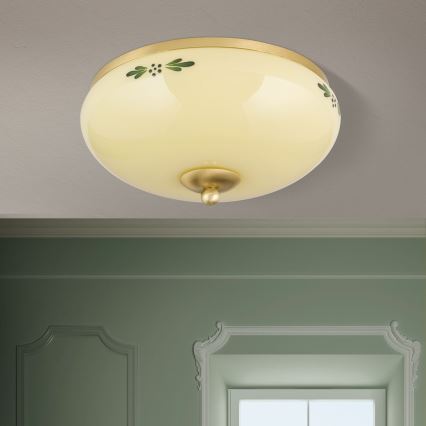 Plafondlamp LANDHAUS 2xE27/60W/230V Ø 28 cm messing/beige/groen