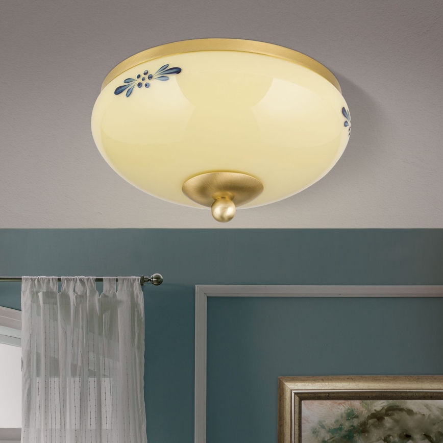 Plafondlamp LANDHAUS 1xE27/60W/230V Ø 21 cm messing/beige/blauw