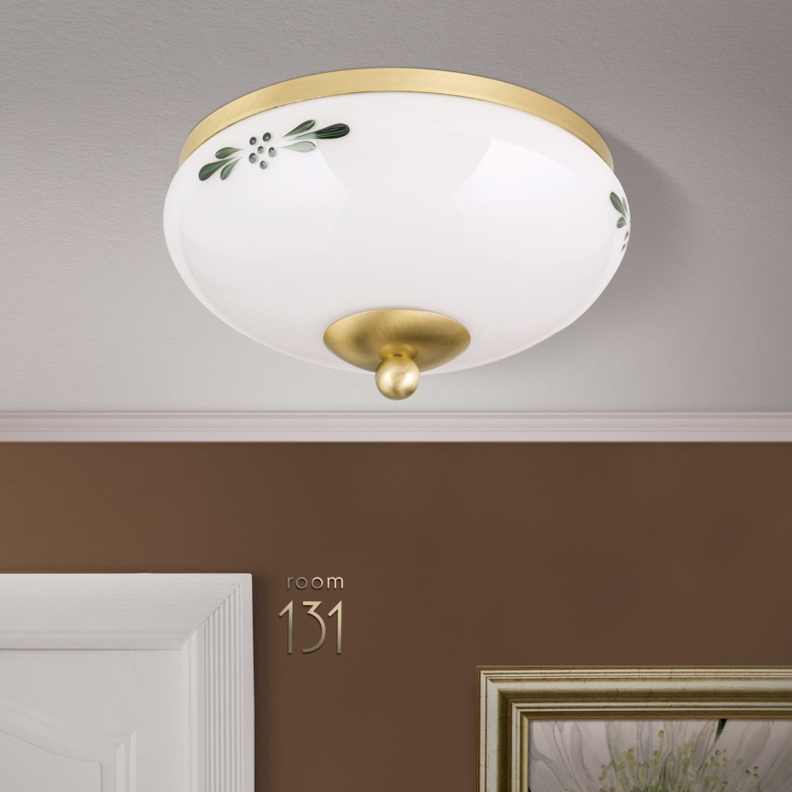 Plafondlamp LANDHAUS 1xE27/60W/230V Ø 21 cm messing/wit/groen