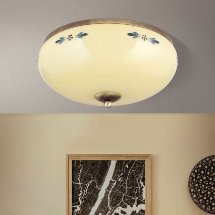 Plafondlamp LANDHAUS 3xE27/60W/230V Ø 35 cm brons/beige/blauw
