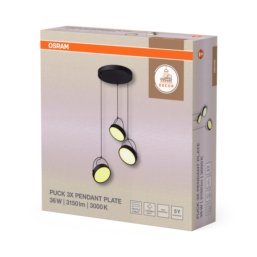 Osram - LED hanglamp met kabel DECOR PUCK 3xLED/12W/230V CRI 90 zwart