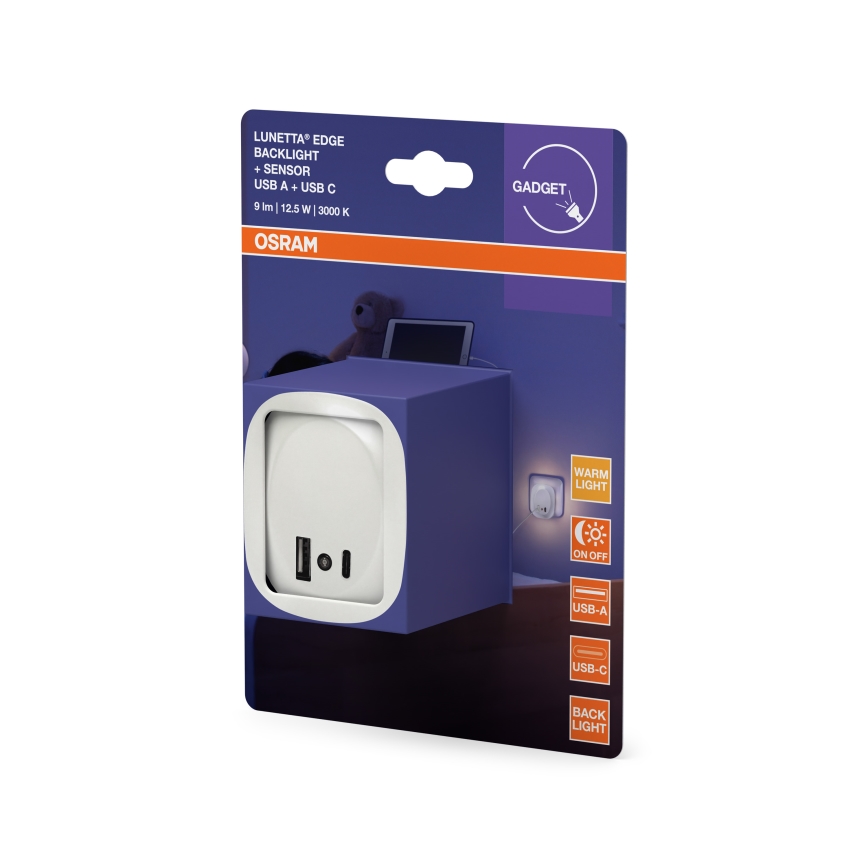 Osram - LED-nachtlampje voor stopcontact met sensor en USB LUNETTA LED/12,5W/230V wit