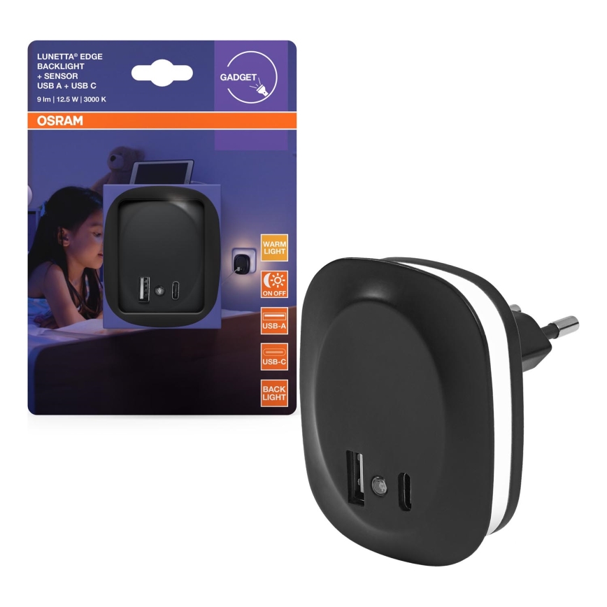 Osram - LED-nachtlampje voor in het stopcontact met sensor en USB LUNETTA LED/12,5W/230V zwart
