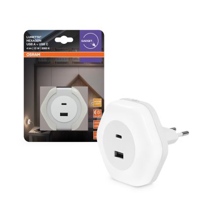 Osram - LED-oriëntatielamp voor in het stopcontact met USB LUNETTA LED/15W/230V wit