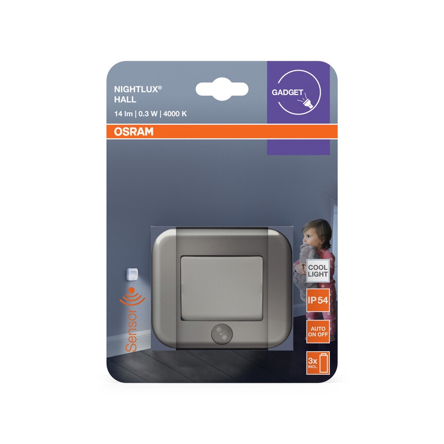 Osram - LED-oriëntatielamp met sensor NIGHTLUX LED/0,3W/3xAAA IP54 zilver