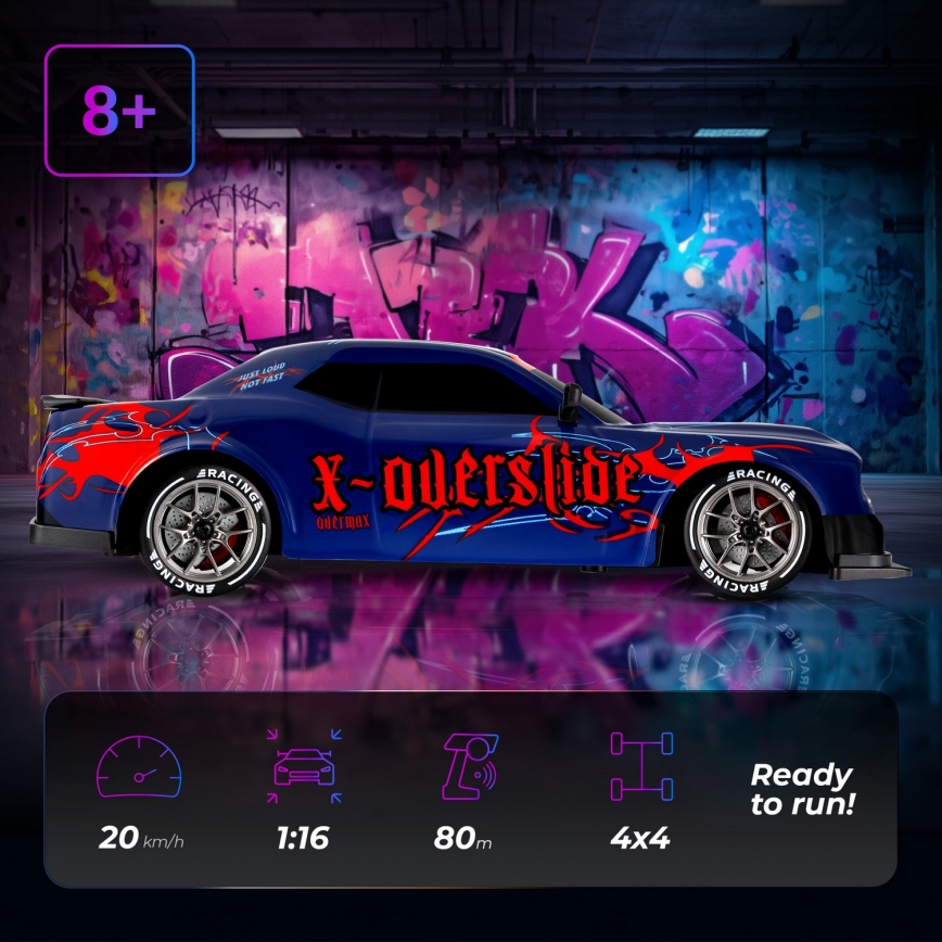Overmax - RC-driftauto met afstandsbediening X-OVERSLIDE 1000 mAh zwart/groen/blauw/rood