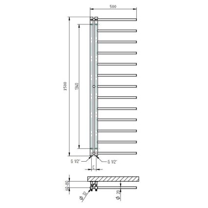 P.M.H. AP2W - Badkamer-handdoekradiator APOLLO 346 W, 150 cm, rechts/wit