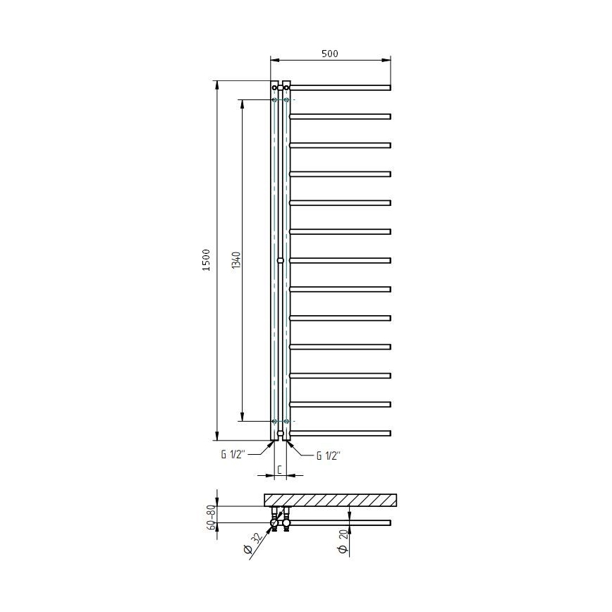 P.M.H. AP2W - Badkamer-handdoekradiator APOLLO 346 W, 150 cm, rechts/wit