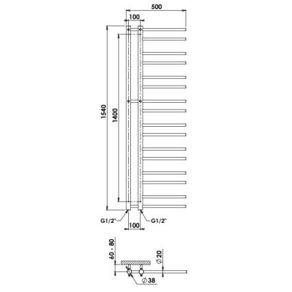 P.M.H. T2C - Badkamer handdoekradiator THEIA 352W 154 cm rechts/glanzend chroom