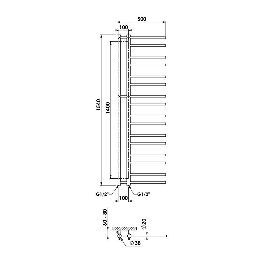 P.M.H. T2C - Badkamer handdoekradiator THEIA 352W 154 cm rechts/glanzend chroom