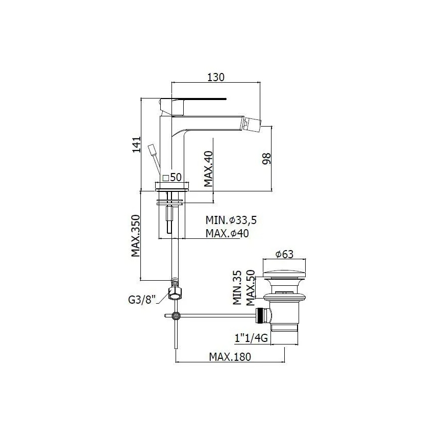 Paffoni - Bidetkraan + afvoer TANGO roestvrij staal