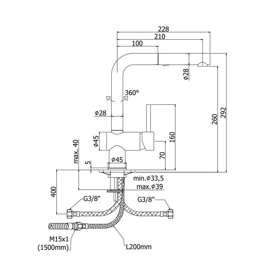 Paffoni - Keukenkraan met uittrekbare handdouche LIGHT 29,2 cm zwart