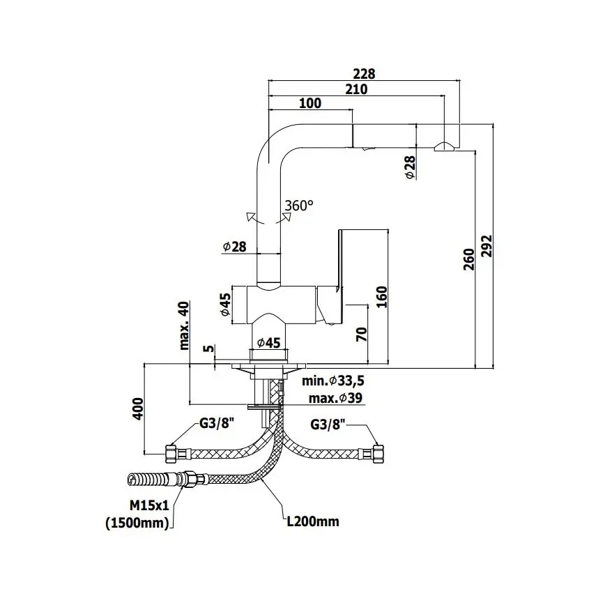 Paffoni - Keukenkraan RINGO met uittrekbare sproeikop, 29,2 cm, zwart