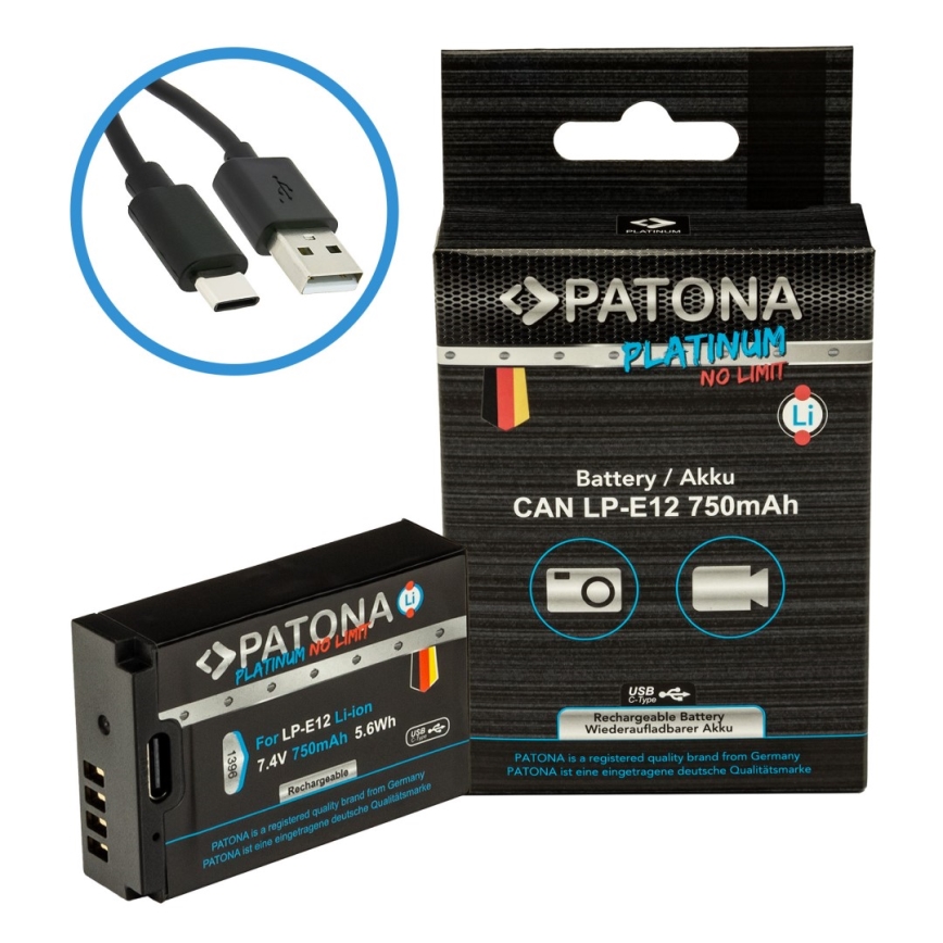 PATONA - Accu Canon LP-E12 750mAh Li-Ion Platinum USB-C opladen
