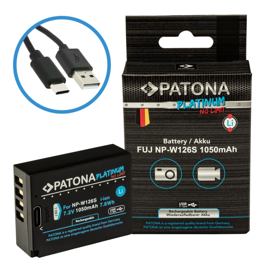 PATONA - Accu Fuji NP-W126S 1050mAh Li-Ion Platinum met USB-C opladen
