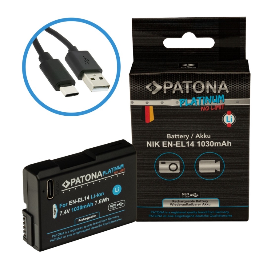 PATONA - Accu Nikon EN-EL14/EN-EL14A 1030mAh Li-Ion Platinum USB-C opladen