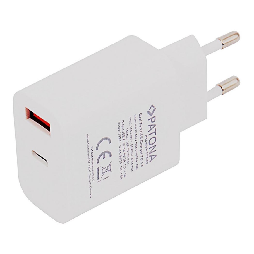 PATONA - Adapter met USB en USB-C output 18W Stroom voorziening