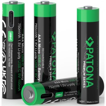 PATONA - SET 4x Accu AAA/LR03 Li-Pol 500mAh 1,5V met USB-C opladen