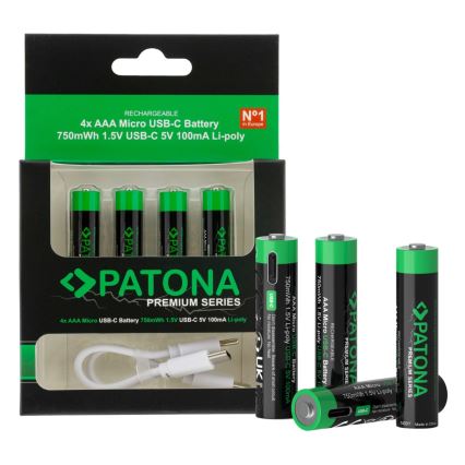 PATONA - SET 4x Accu AAA/LR03 Li-Pol 500mAh 1,5V met USB-C opladen
