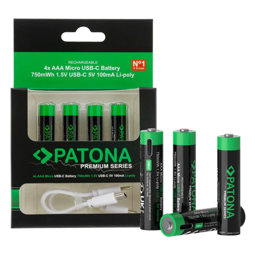 PATONA - SET 4x Accu AAA/LR03 Li-Pol 500mAh 1,5V met USB-C opladen