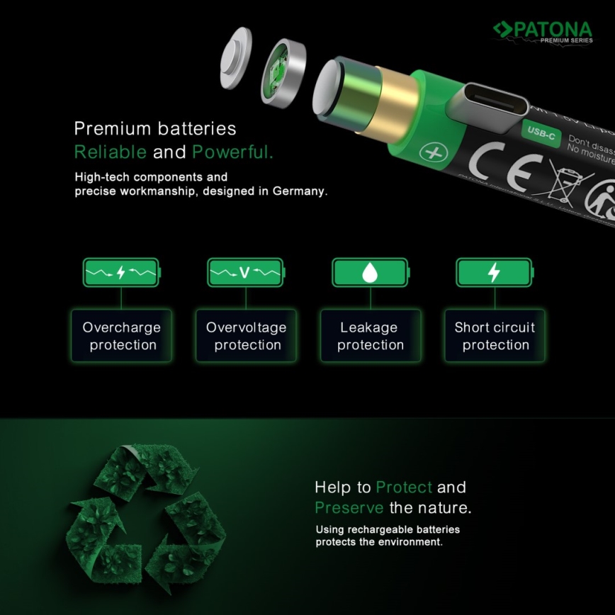 PATONA - SET 4x Accu AAA/LR03 Li-Pol 500mAh 1,5V met USB-C opladen