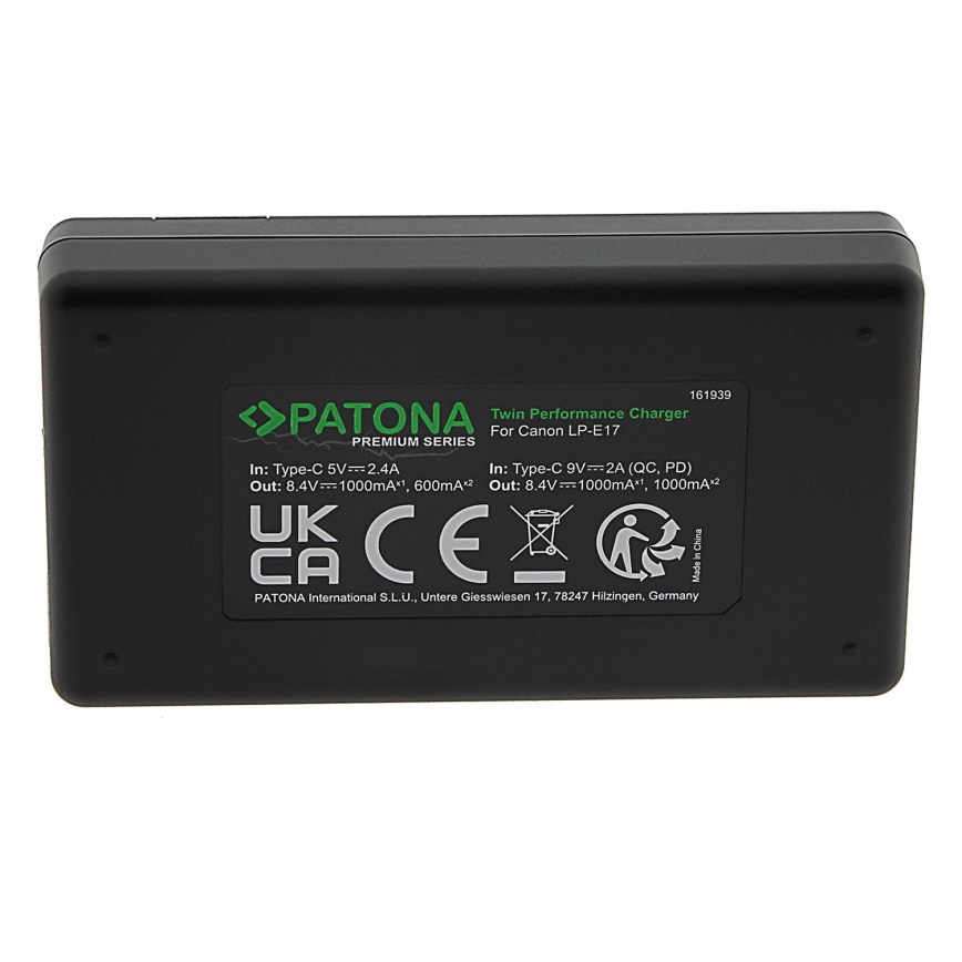 PATONA - Snellader Dual Canon LP-E17 + kabel USB-C 0.6m
