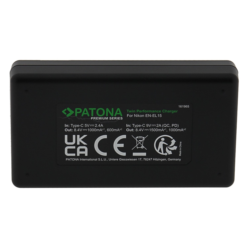 PATONA - Snellader Dual Nikon EN-EL15/EN-EL15C + kabel USB-C 0.6m