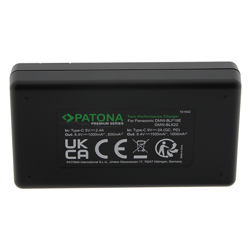 PATONA - Snellader Dual Panasonic DMW-BLF19 + kabel USB-C 0.6m