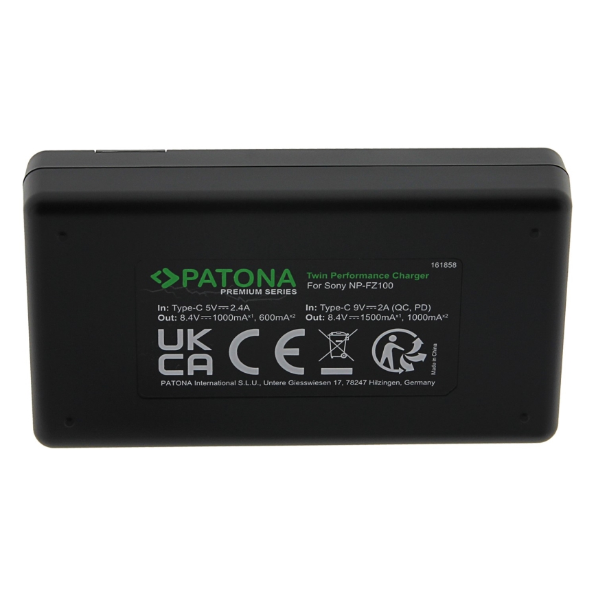 PATONA - Snellader Dual Sony NP-FZ100 + kabel USB-C 0.6m