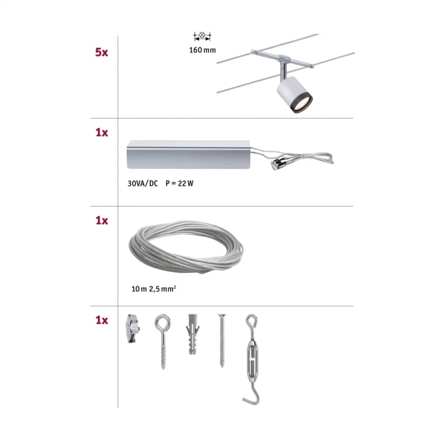 Paulmann 3981 - Set van 5x LED/4W compleet kabelsysteem TUBE 230V, mat chroom/zwart