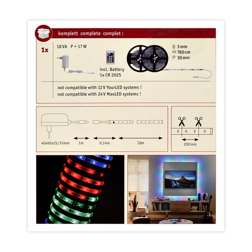 Paulmann 70514 - LED RGB/15W Dimbare strip SIMPLED 7,5m 230V + afstandsbediening