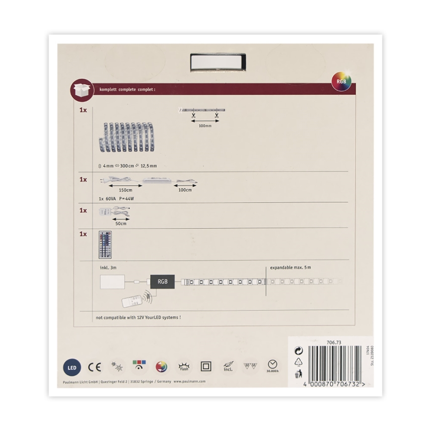 Paulmann 70673 - LED RGB/40W Dimbare Strip MAXLED 3m 230V + afstandsbediening
