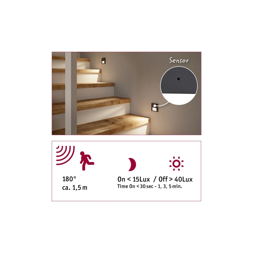 Paulmann 80002 - LED/1W Traplamp met sensor TSARO 230V Lead/wit